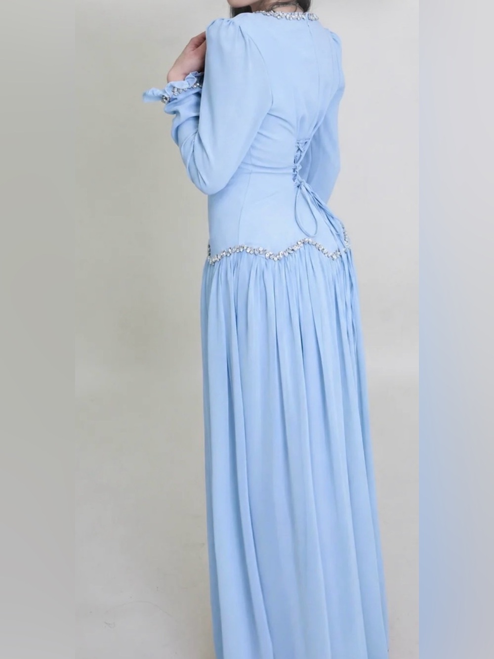 Jewel Detailed Baby Blue Modest Evening - Picture 2 of 2